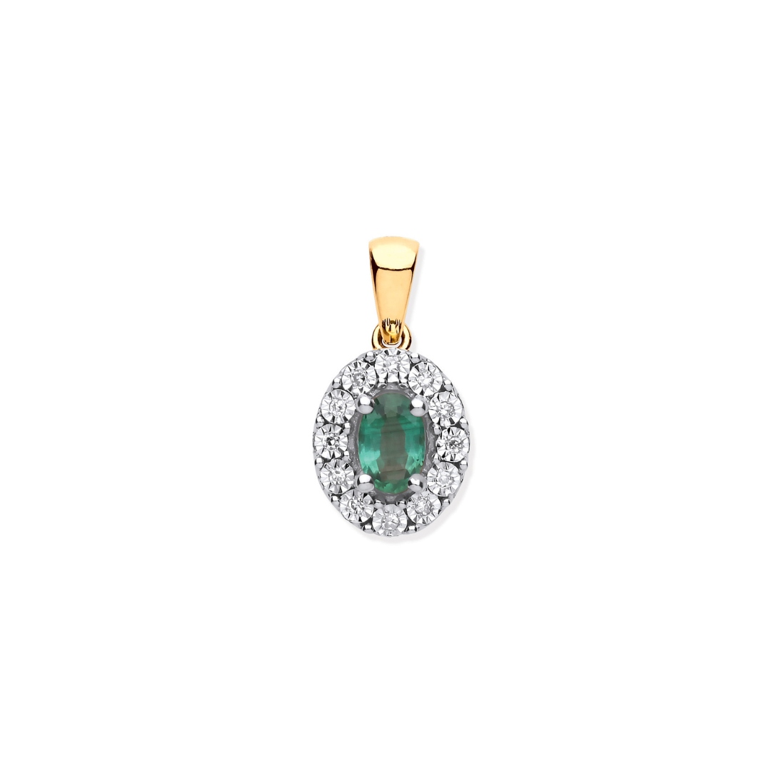 9ct Yellow Gold 0.40ct Emerald Cluster 0.05ct Diamond Pendant