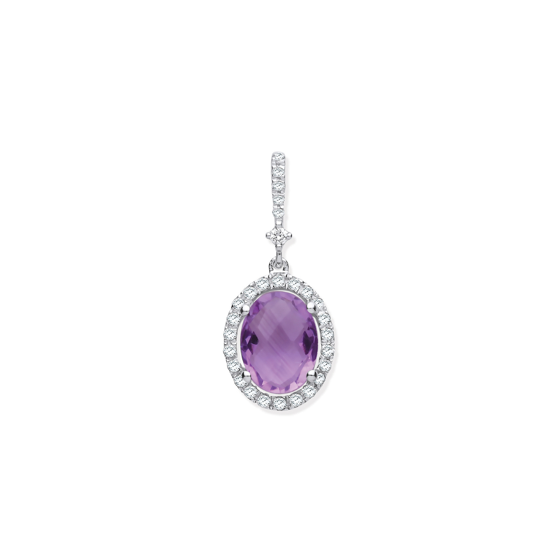 9ct White Gold 1.35ct Oval Amethyst & 0.17ct Diamond Pendant