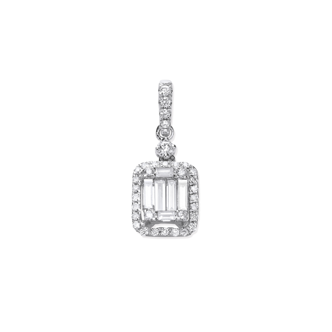 18ct White Gold 0.40ct Baguette & Brilliant Cut Diamond Rectangle Halo Pendant