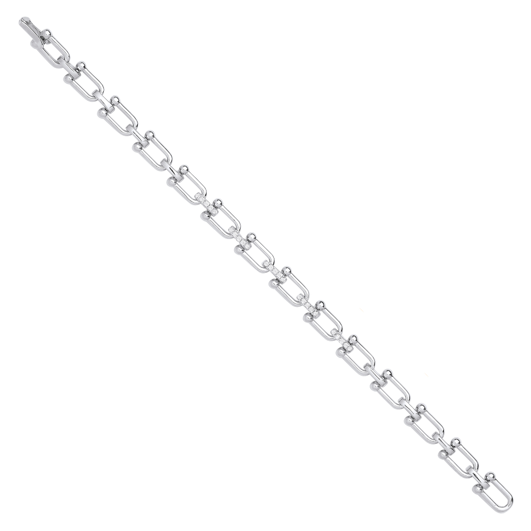 925 Sterling Silver Bike Lock Link with CZs Ladies Bracelet