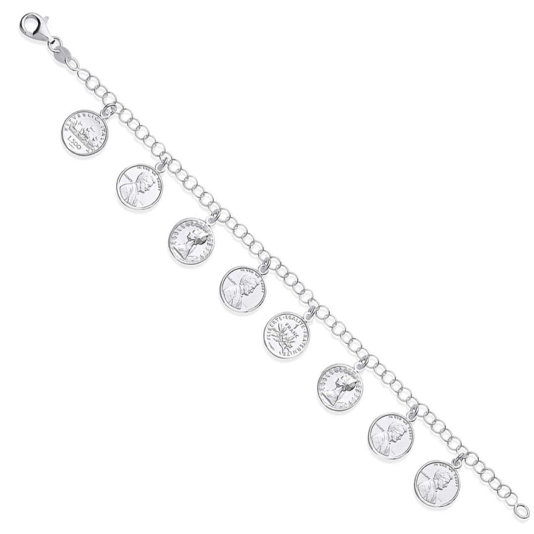 925 Sterling Silver 8 Coins Ladies Charm Bracelet