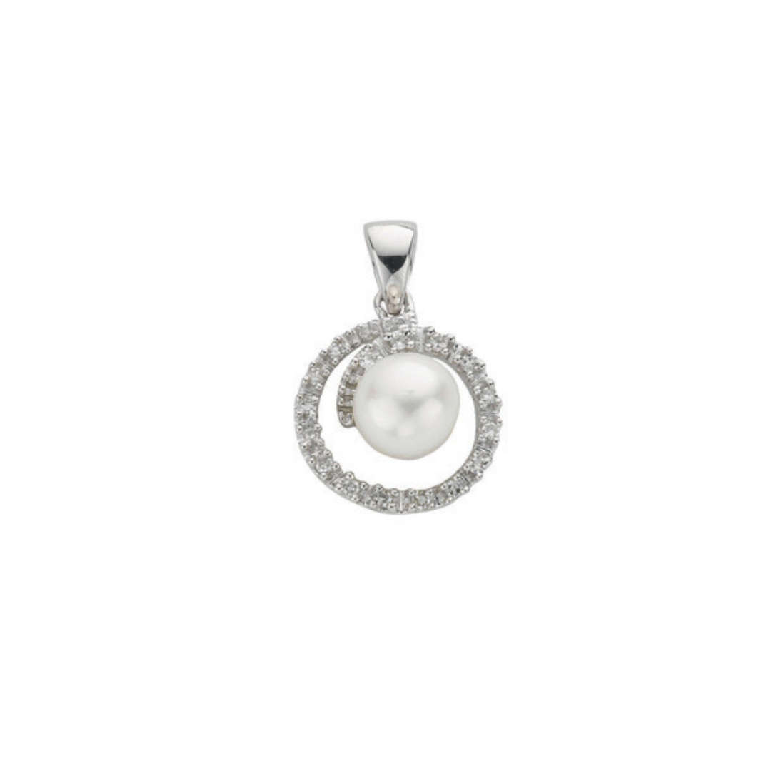 9ct White Gold 0.10ct Diamond & Freshwater Pearl Pendant