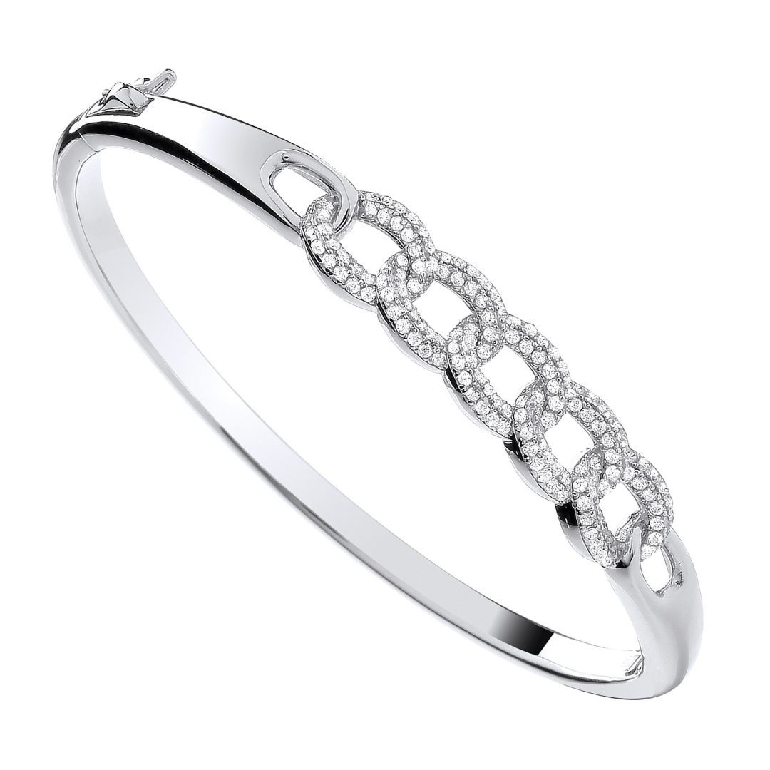 925 Sterling Silver Curb Link Style Cubic Zirconia Bangle