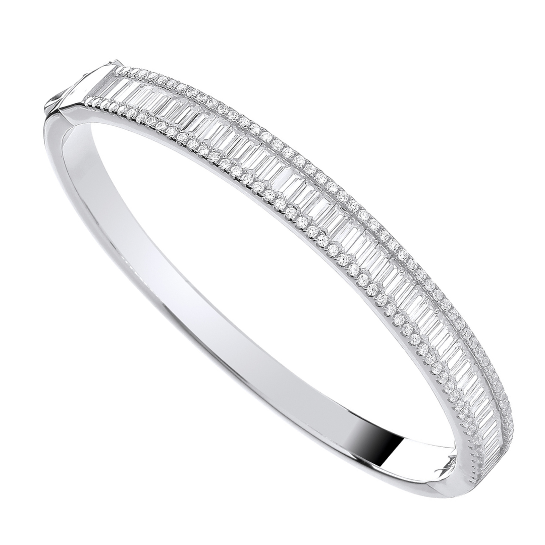 925 Sterling Silver Hinged Baguette & Round Cubic Zirconia Bangle