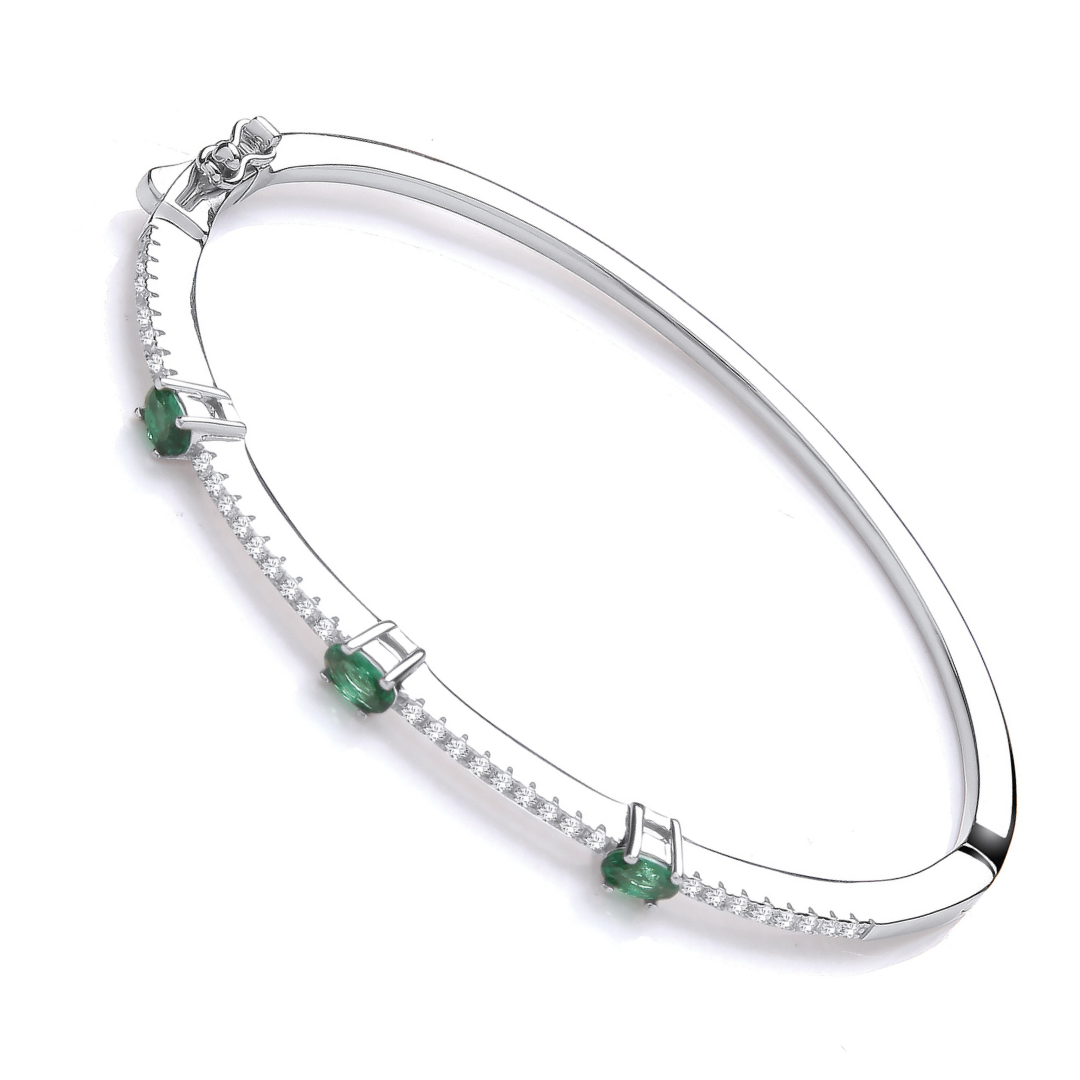 925 Sterling Silver Green & Clear Cubic Zirconia Bangle - J-Jaz