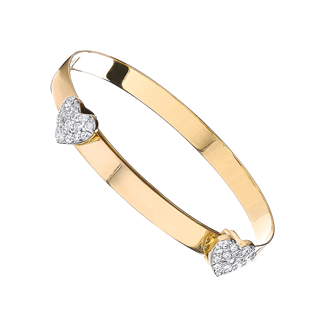 9ct Yellow Gold Expandable Double Cubic Zirconia Heart Childs Bangle