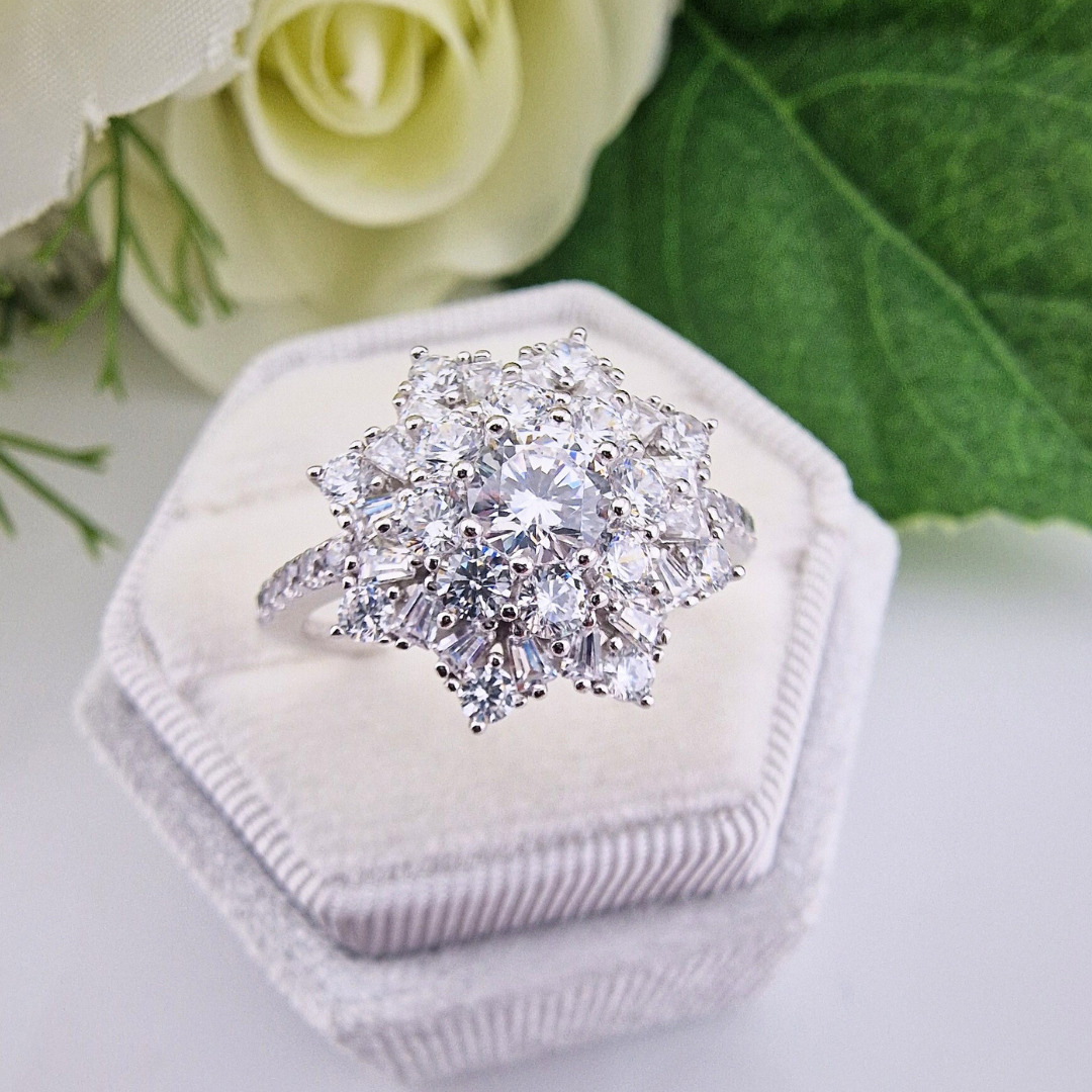 925 Sterling Silver Large Flower Cz Cluster Ring