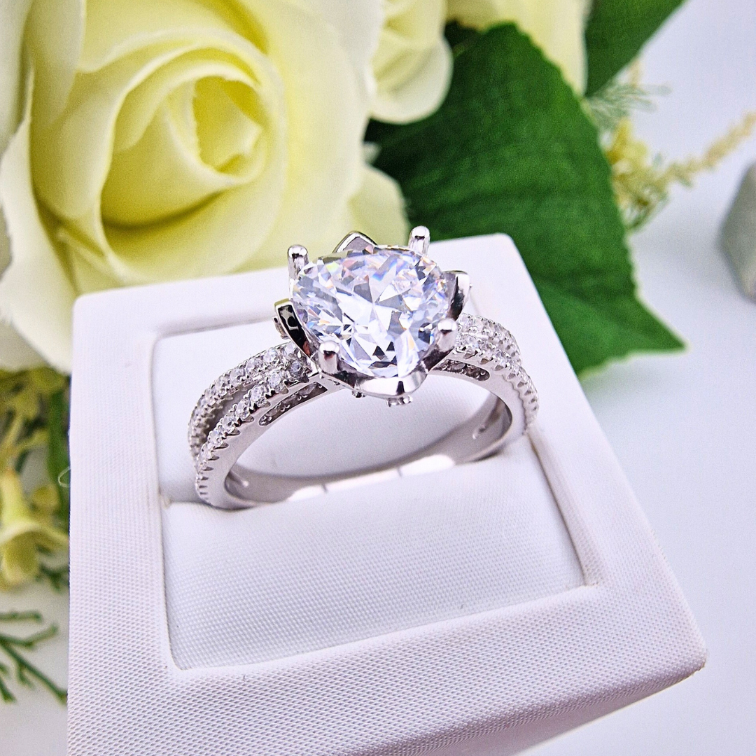 925 Sterling Silver Double Band Cz Heart Ring