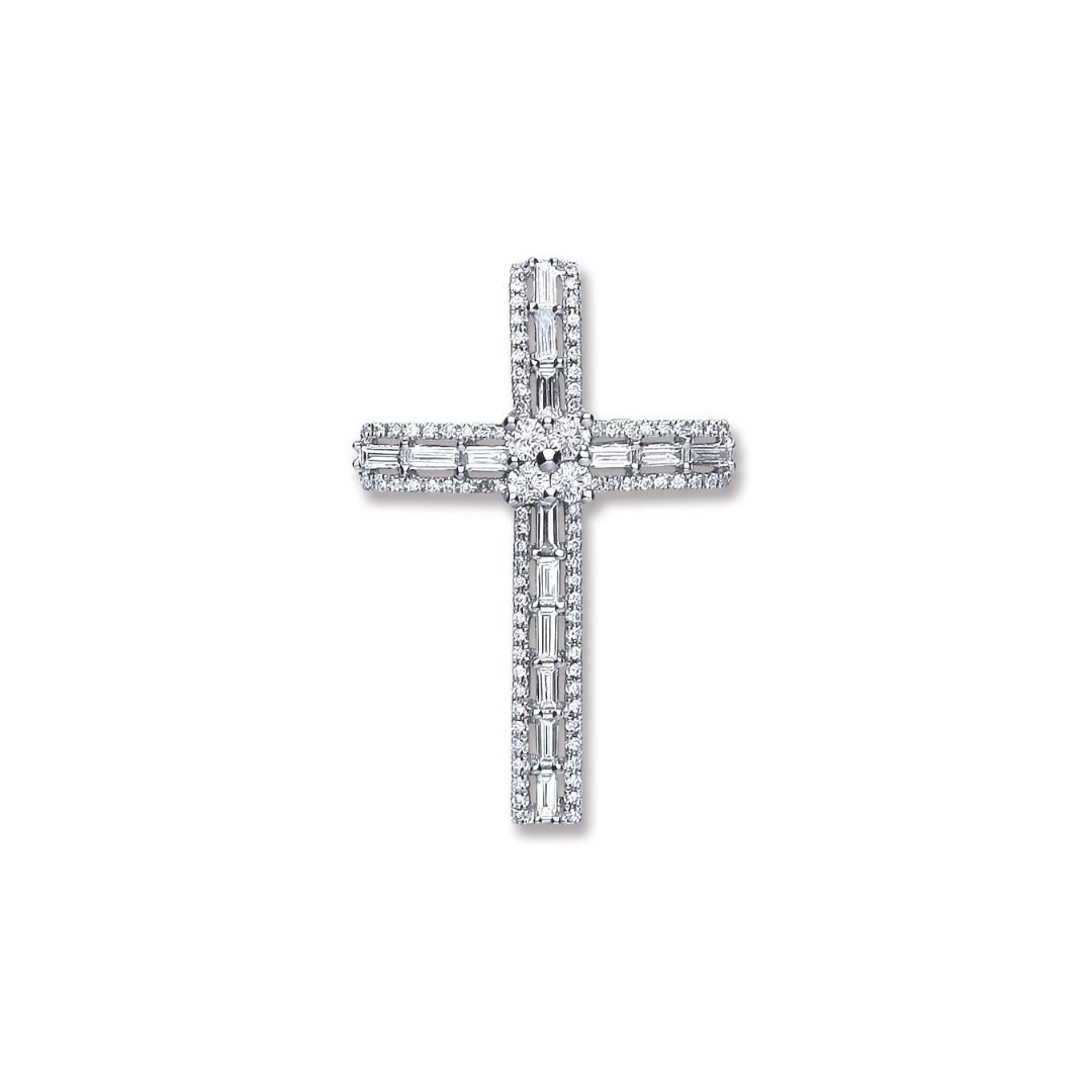 18ct White Gold 1.00ct Baguette & Brilliant Cut Diamond Cross Pendant