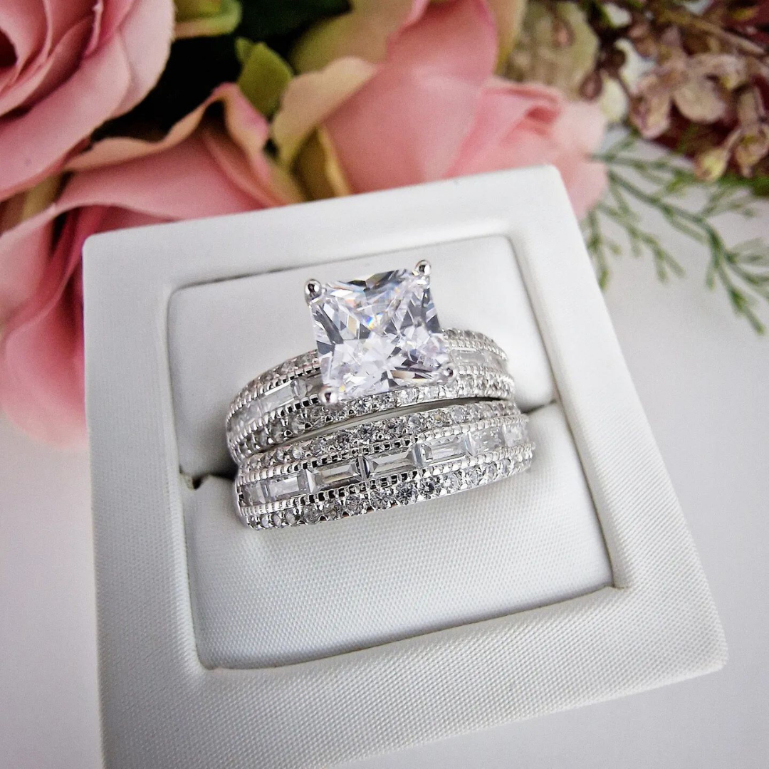 925 Sterling Silver Princess Cut Cz Ring Set with Round & Baguette Cut Cz Eternity Band