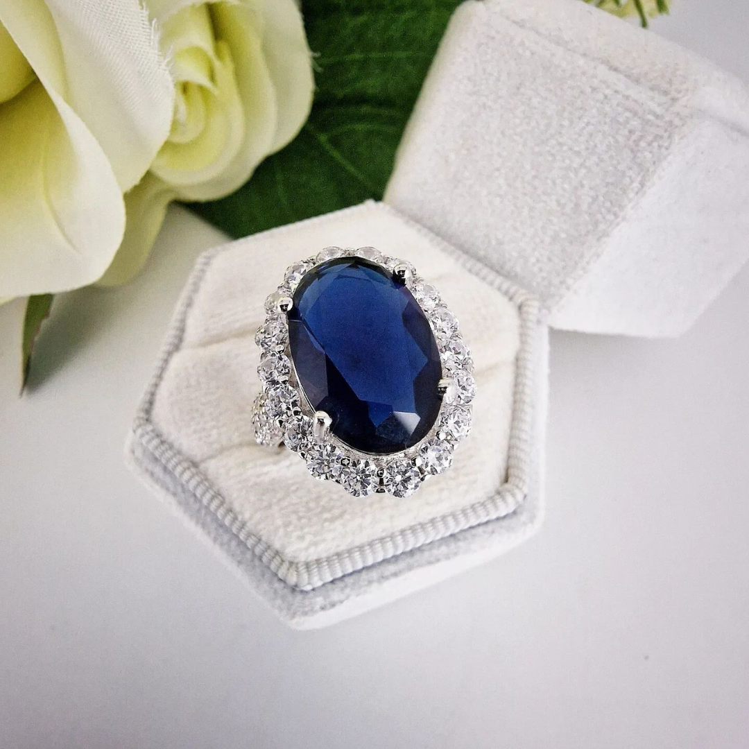 925 Sterling Silver Oval Blue Sapphire Cz Cocktail Ring