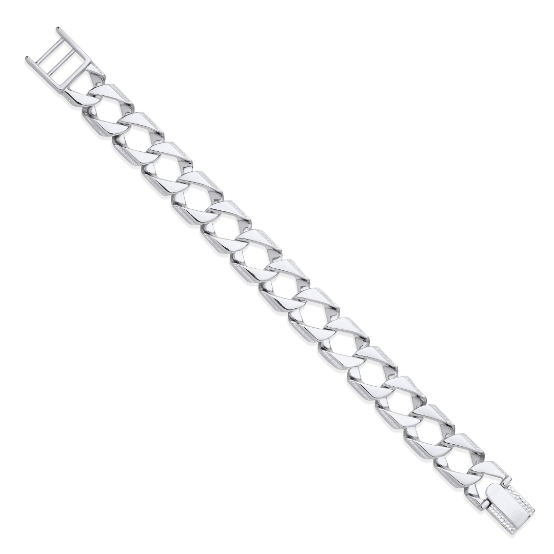 925 Silver 15mm Large Square Curb Ribbed Edge Link Gents Bracelet