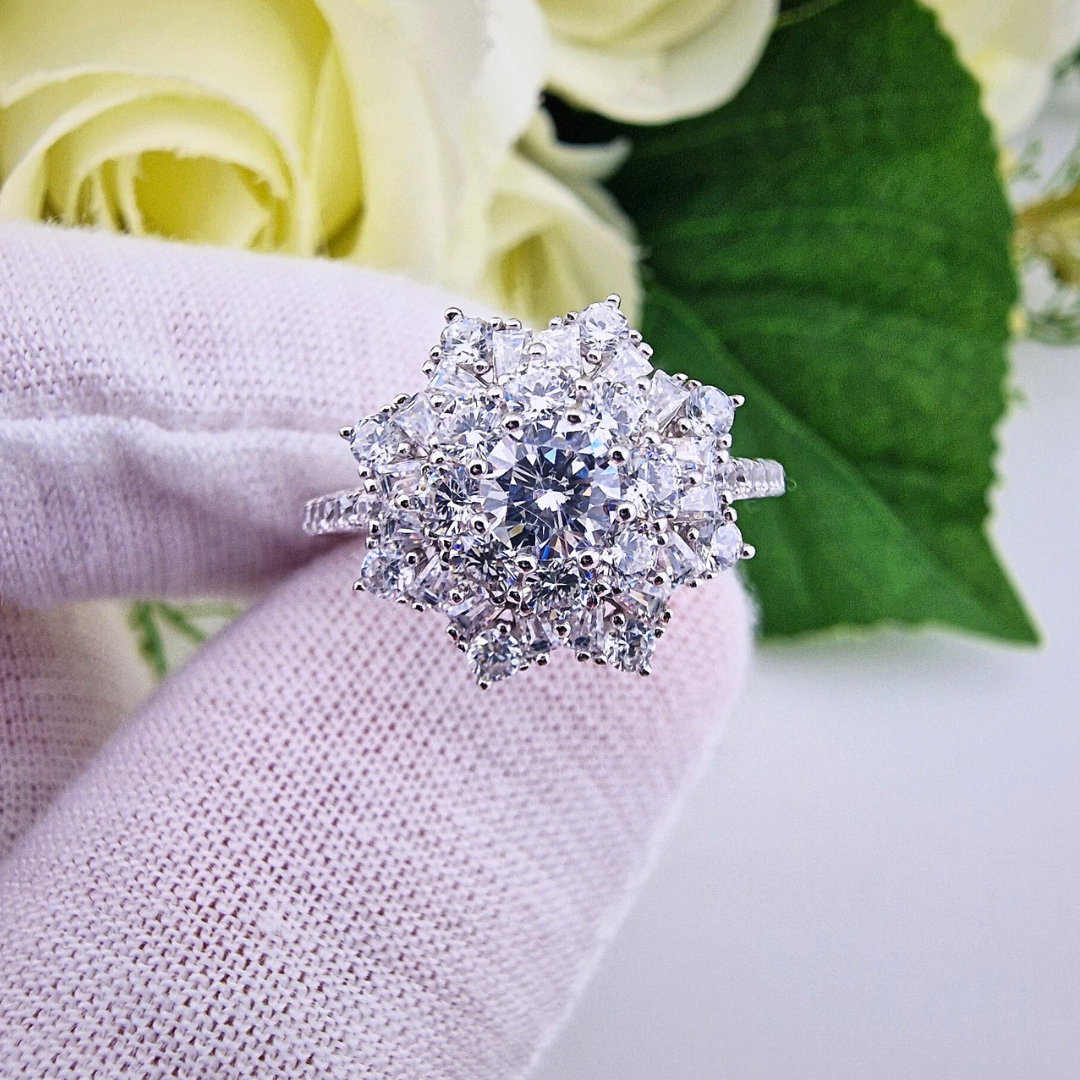 925 Sterling Silver Large Flower Cz Cluster Ring