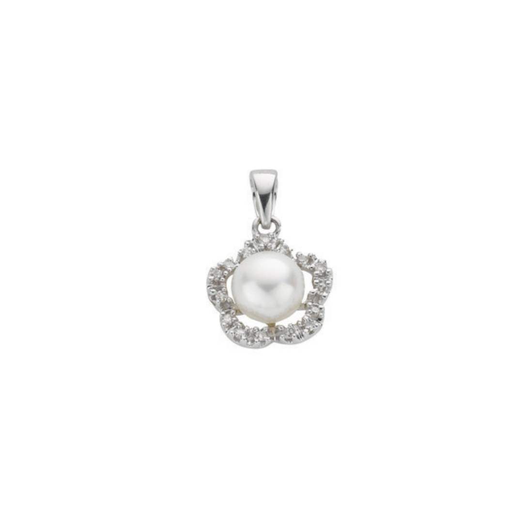 9ct White Gold 0.10ct Diamond & Freshwater Pearl Pendant