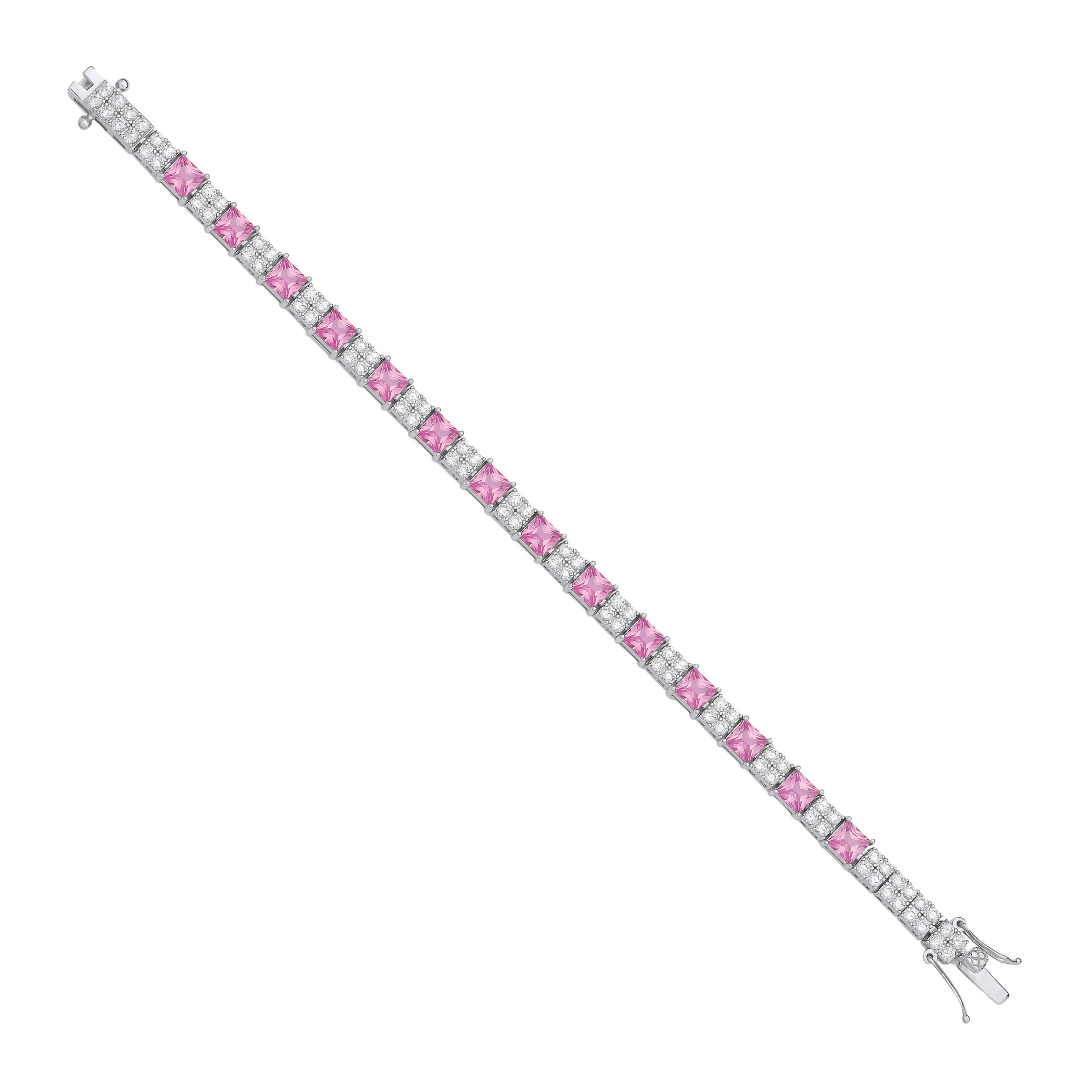 925 Sterling Silver Pink and Clear Cubic Zirconia Tennis Bracelet