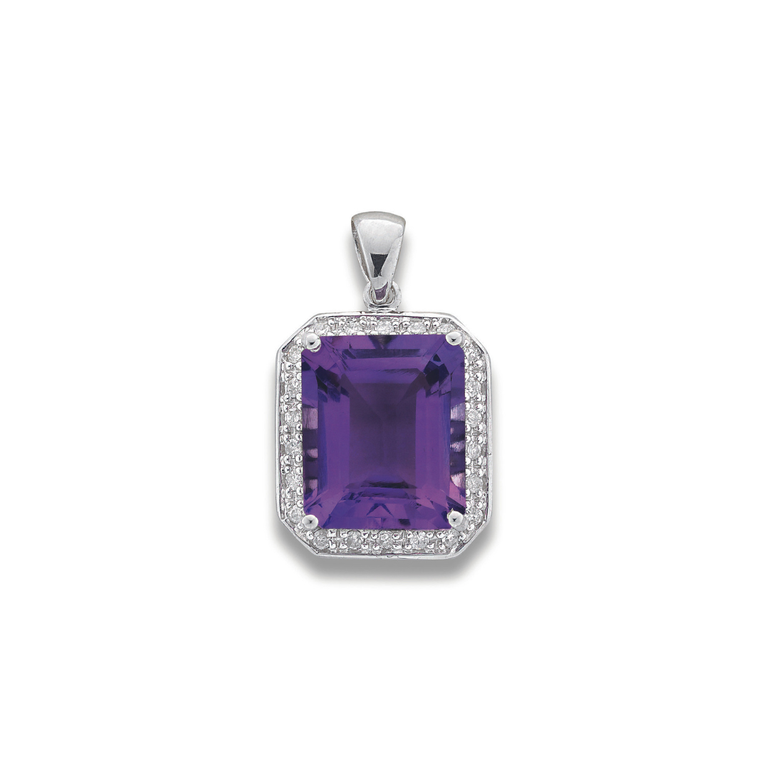 9ct White Gold 0.19ct Diamond & 5.11ct Amethyst Pendant