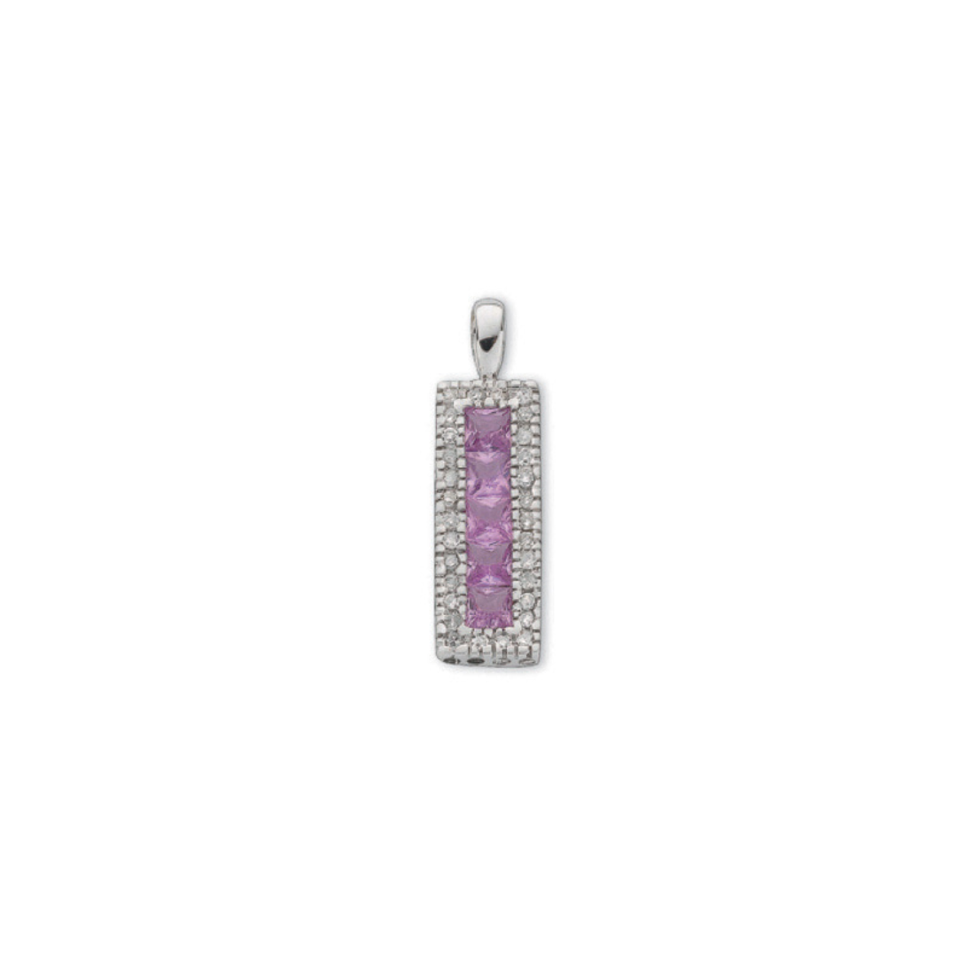 9ct White Gold Diamond & Pink Sapphire Drop Pendant