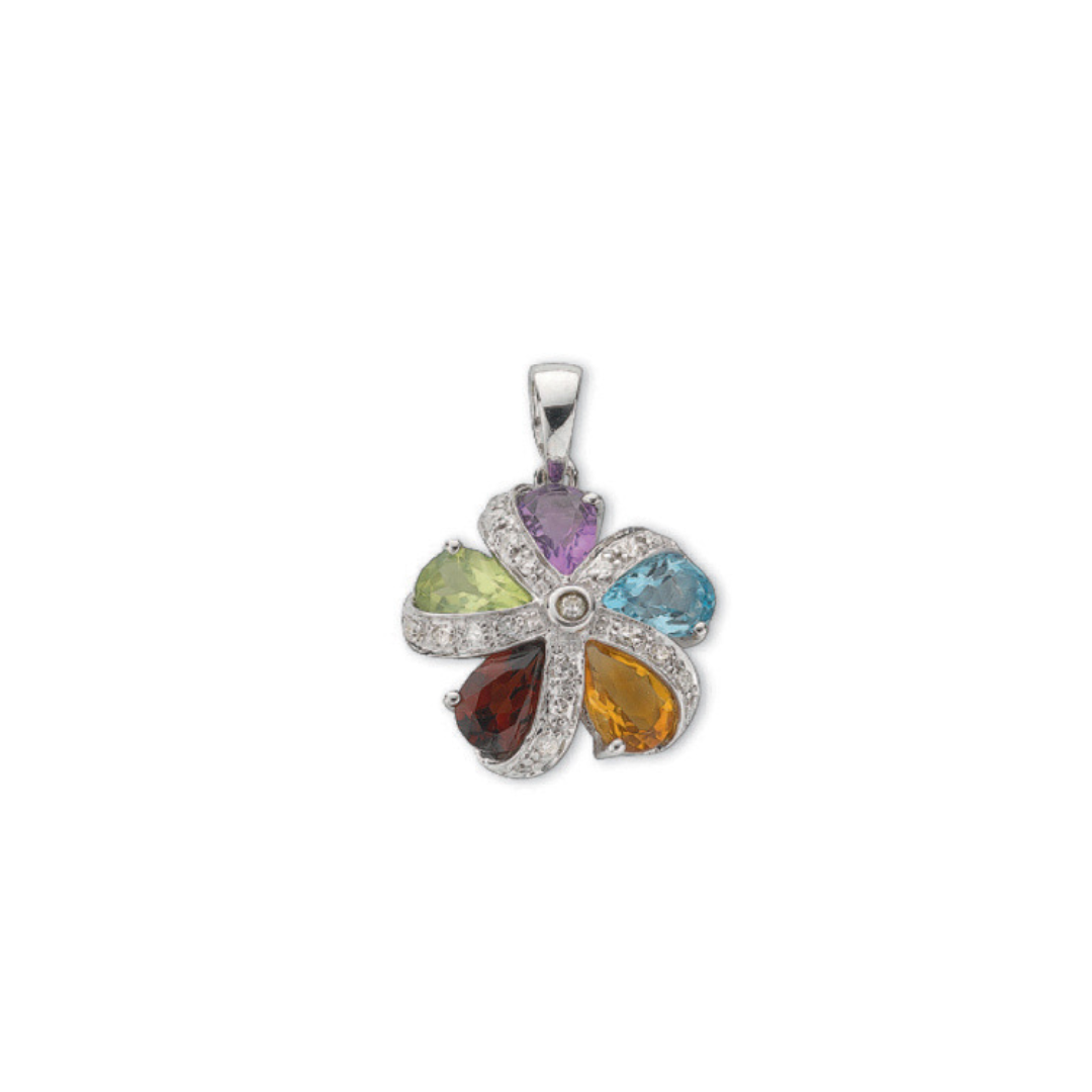 9ct White Gold 0.12ct Diamond & Multi Colour Gems Cluster / Flower Pendant