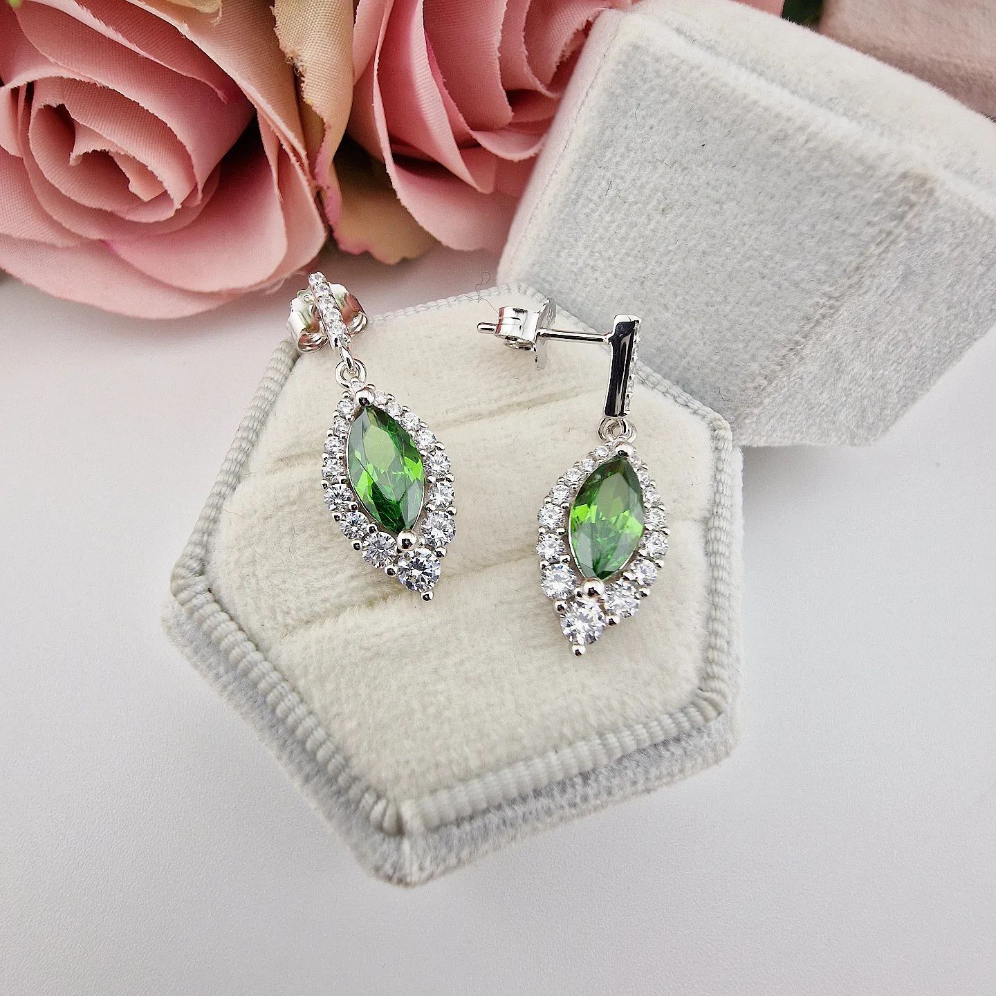 925 Sterling Silver Green Marquise Cubic Zirconia Drop Earrings