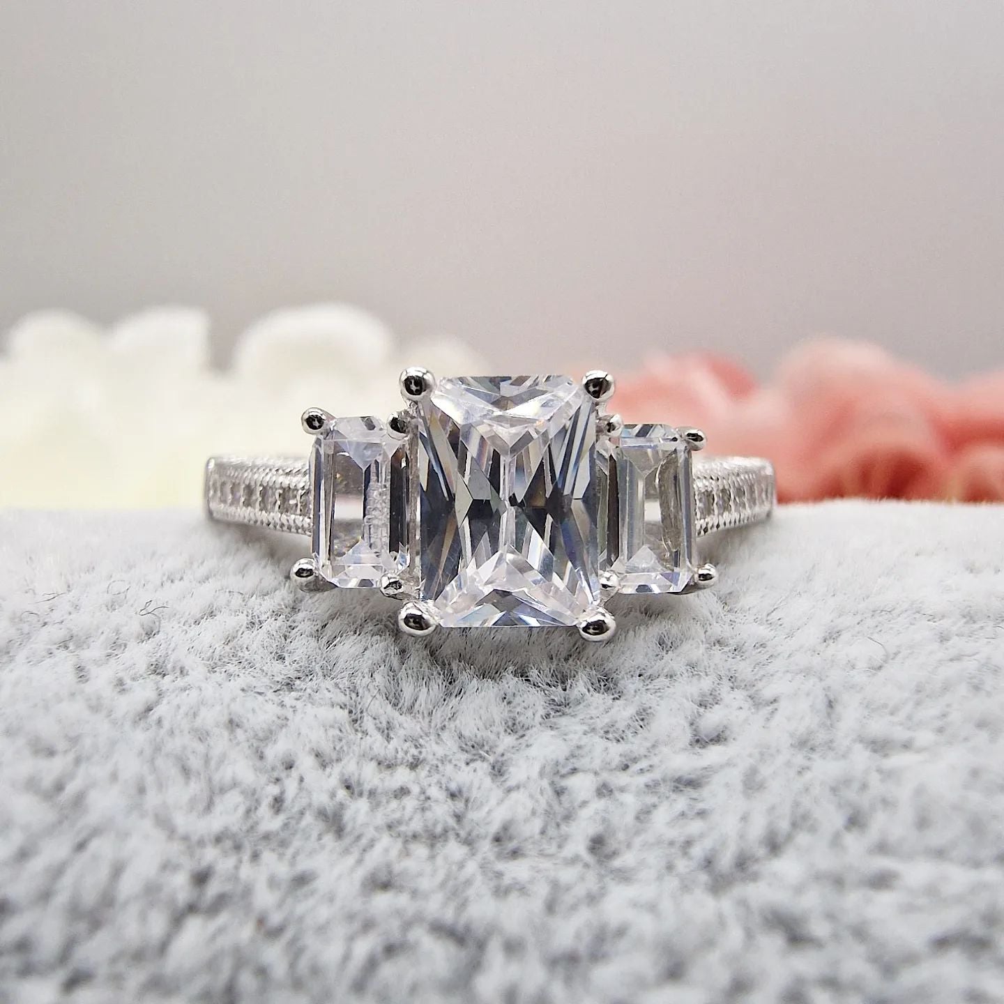 925 Sterling Silver Vintage Emerald Cut Cz Trilogy Ring