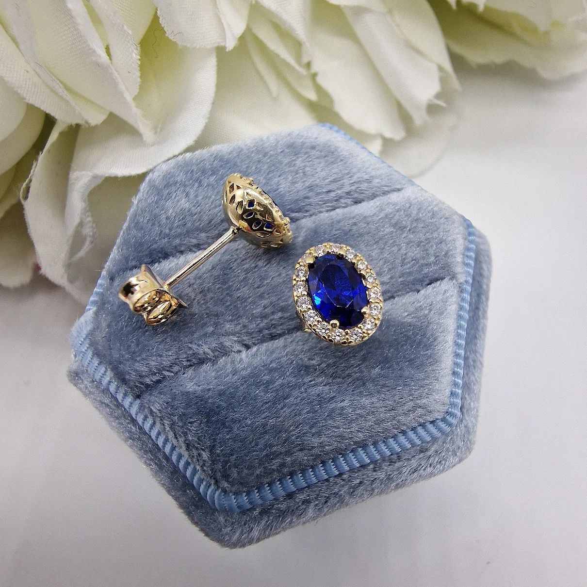 9ct Yellow Gold Oval Blue CZ Stud Earrings