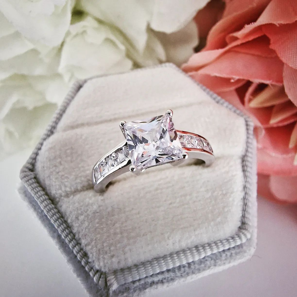 9ct White Gold Princess Cut Solitaire with Princess Cut Shoulders