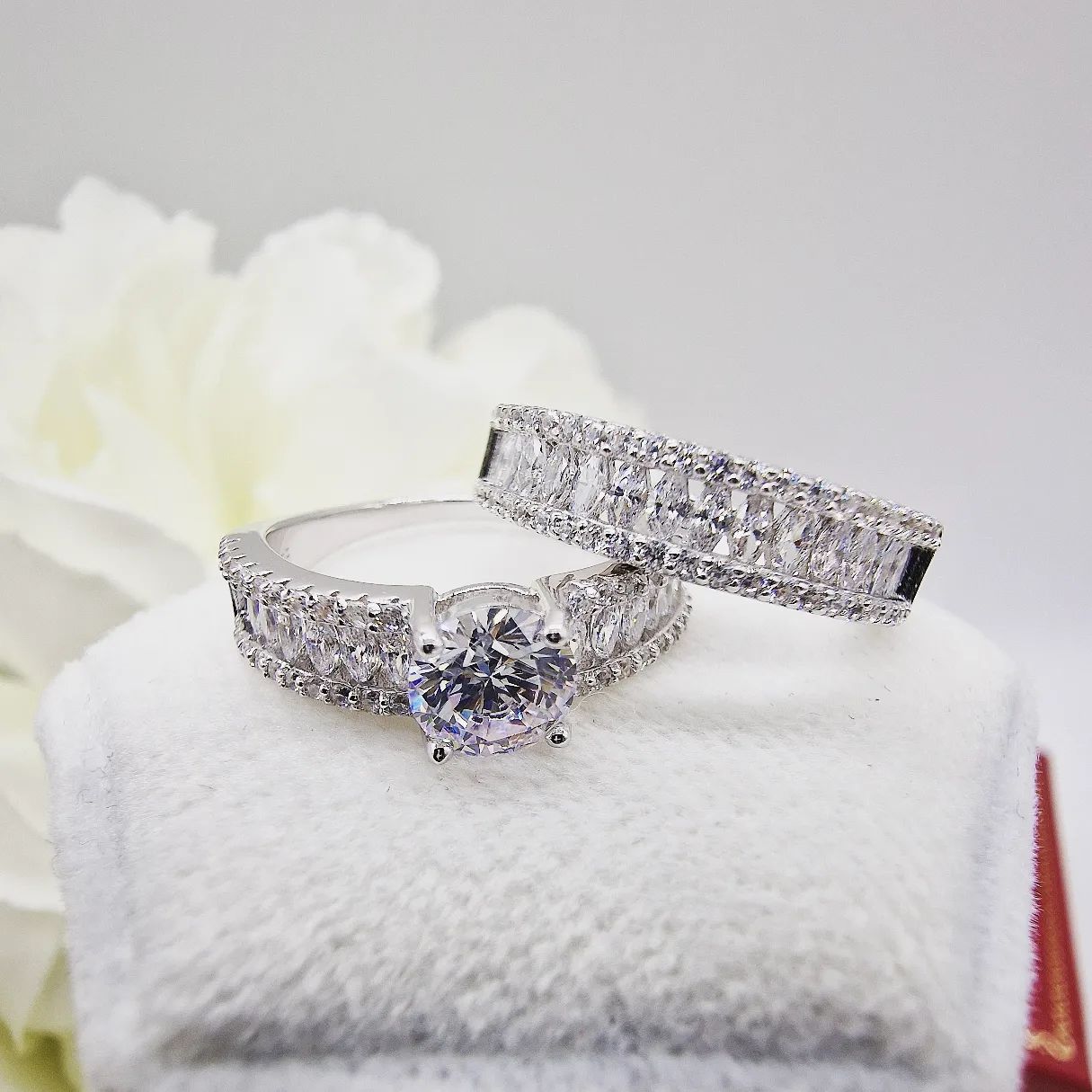 925 Sterling Silver Round & Marquise Cz Ring Set