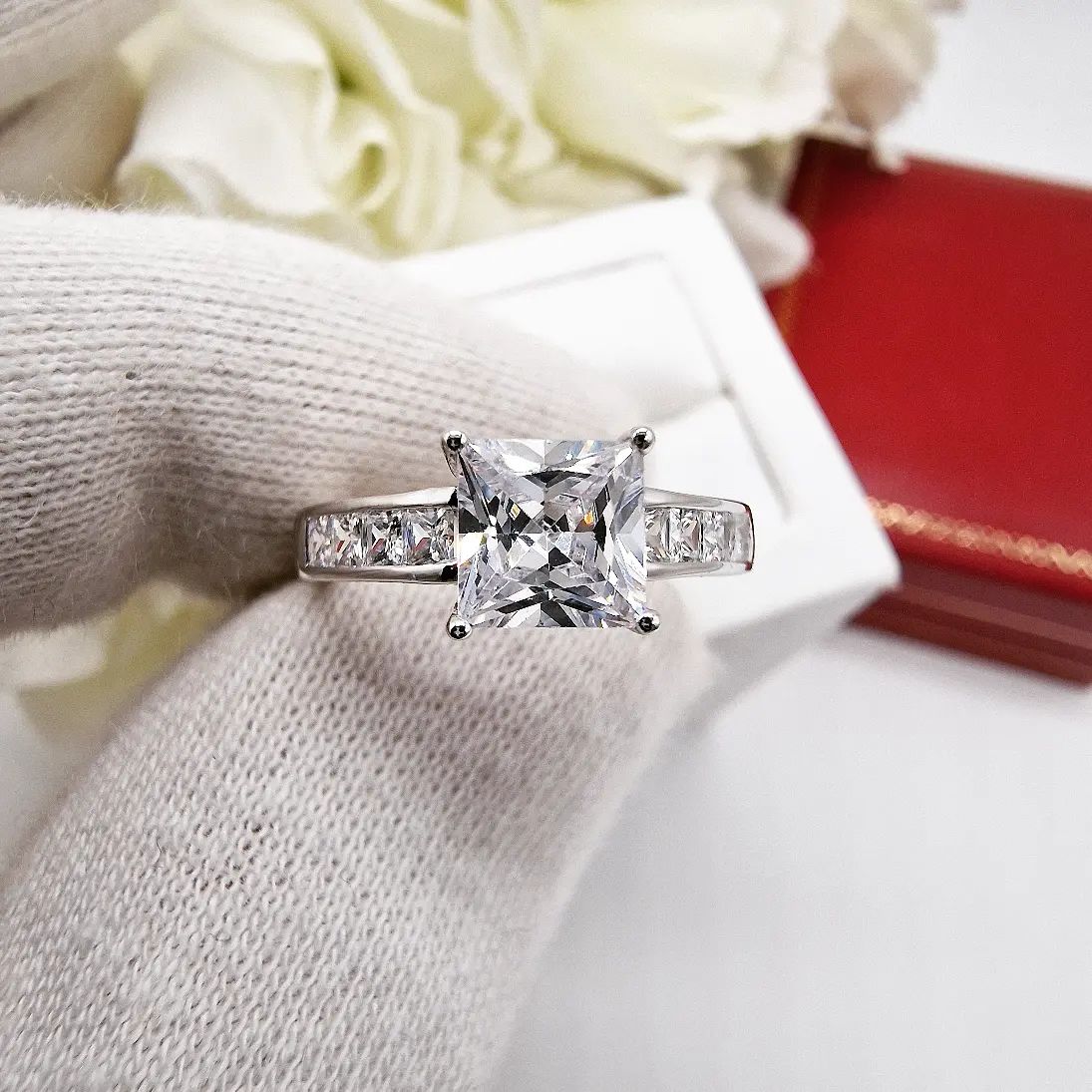 9ct White Gold Princess Cut Solitaire with Princess Cut Shoulders