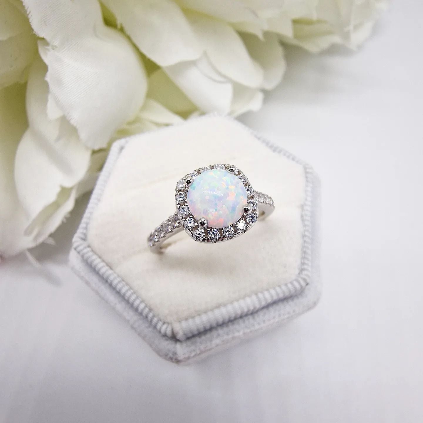 925 Sterling Silver Opal Cz Halo Ring