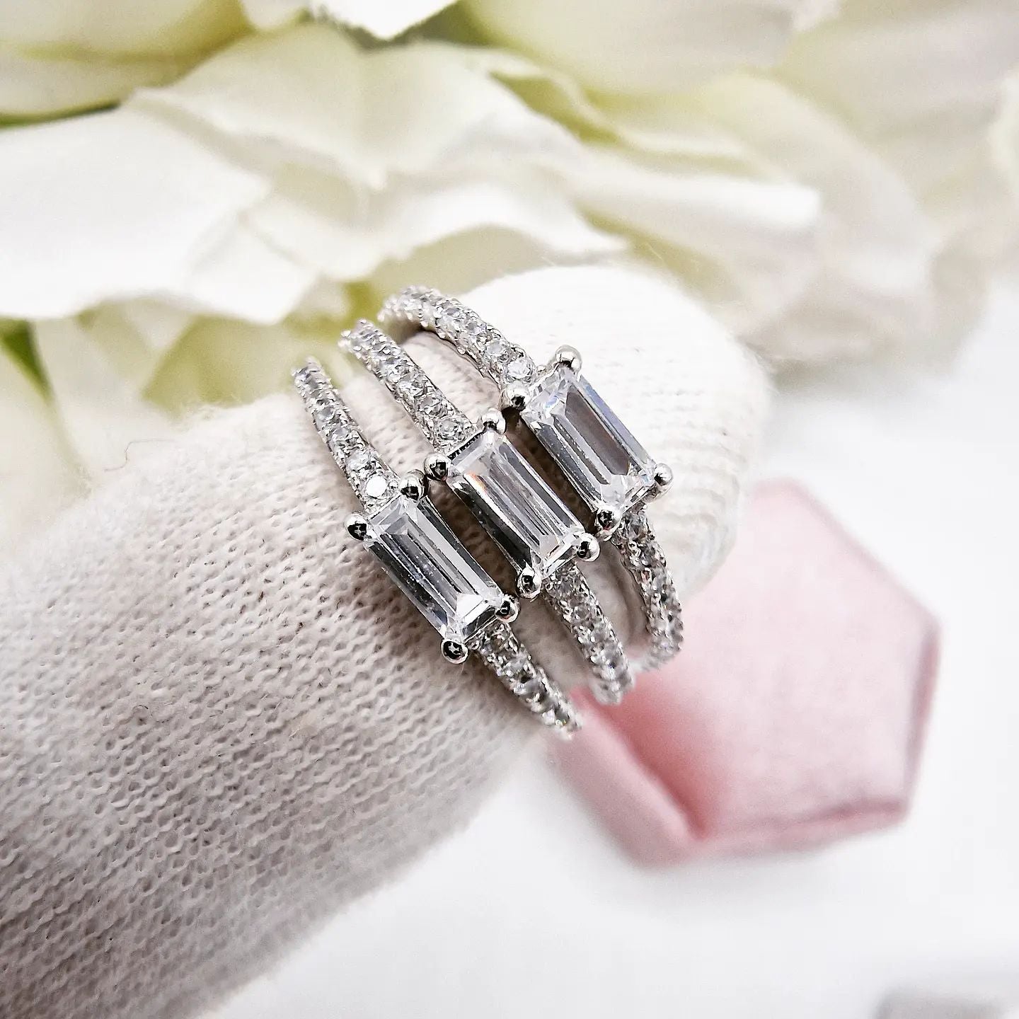 925 Sterling Silver Baguette Cz 3 Piece Ring Set