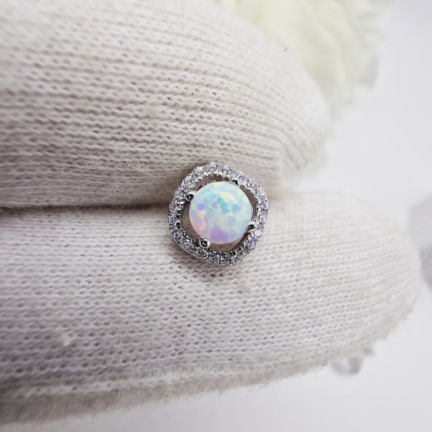 925 Sterling Silver Opal Cubic Zirconia Halo Stud Earrings