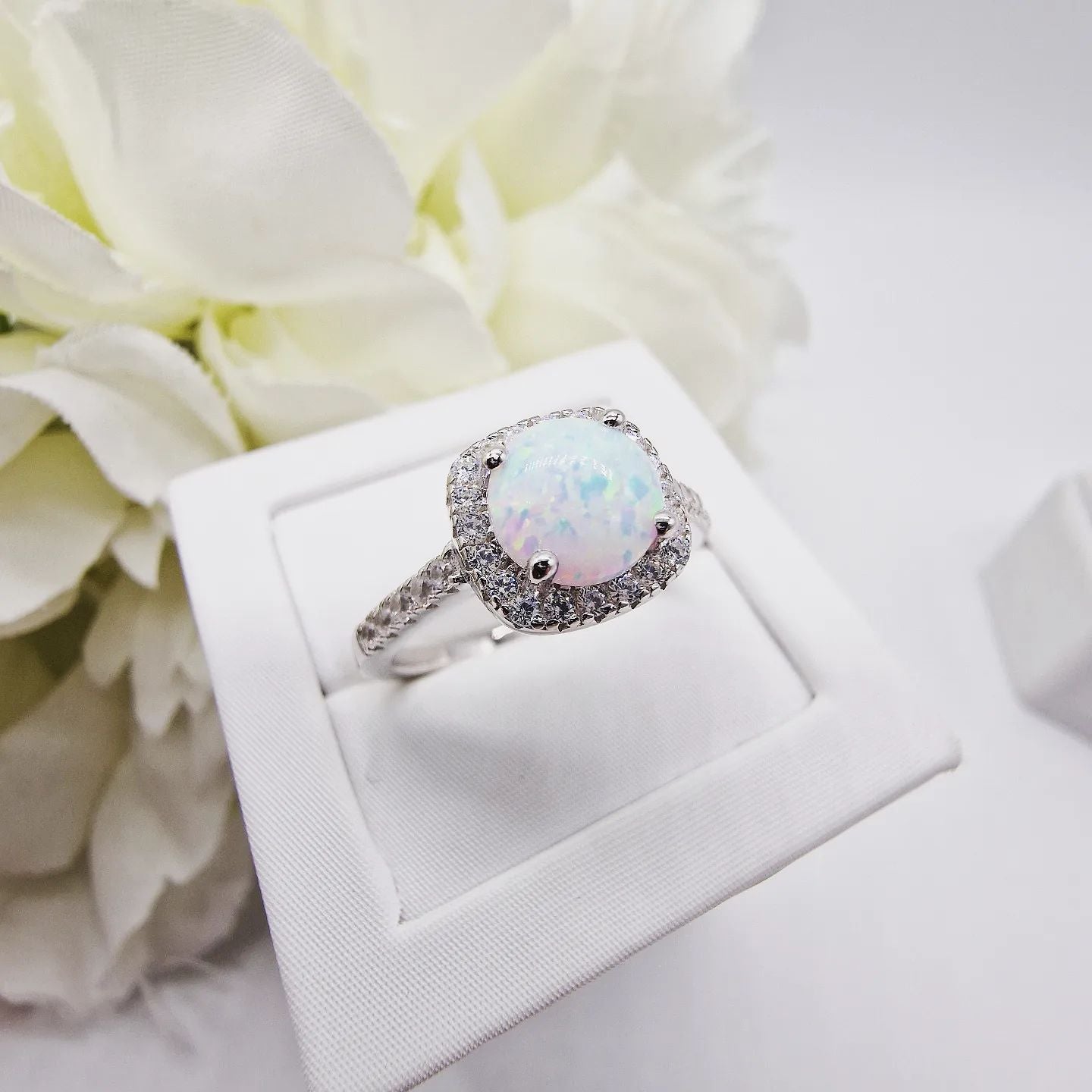 925 Sterling Silver Opal Cz Halo Ring