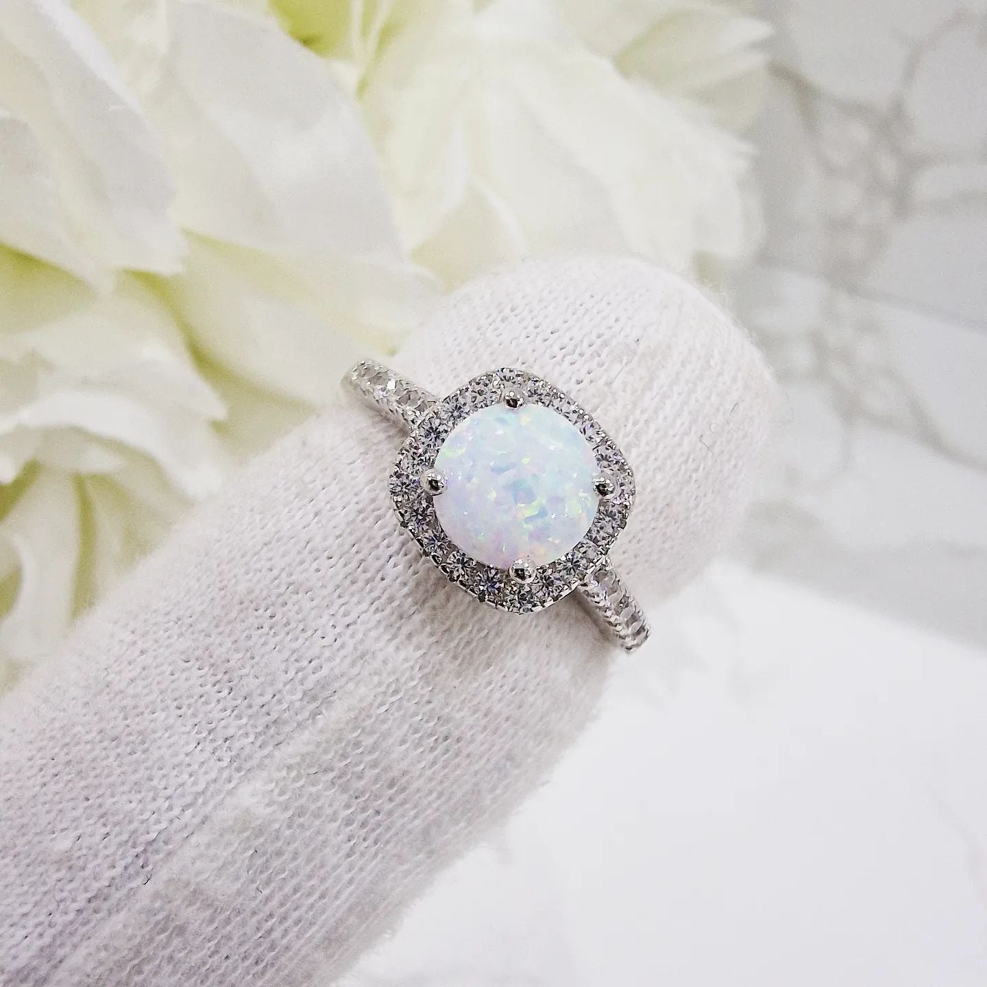 925 Sterling Silver Opal Cz Halo Ring