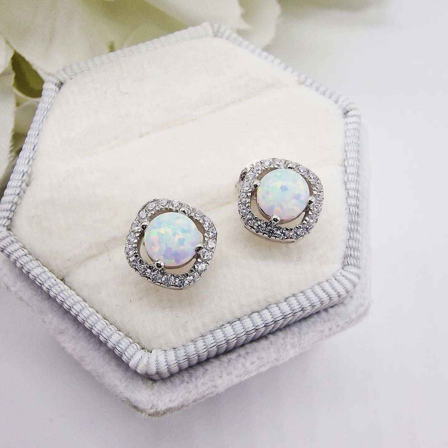 925 Sterling Silver Opal Cubic Zirconia Halo Stud Earrings