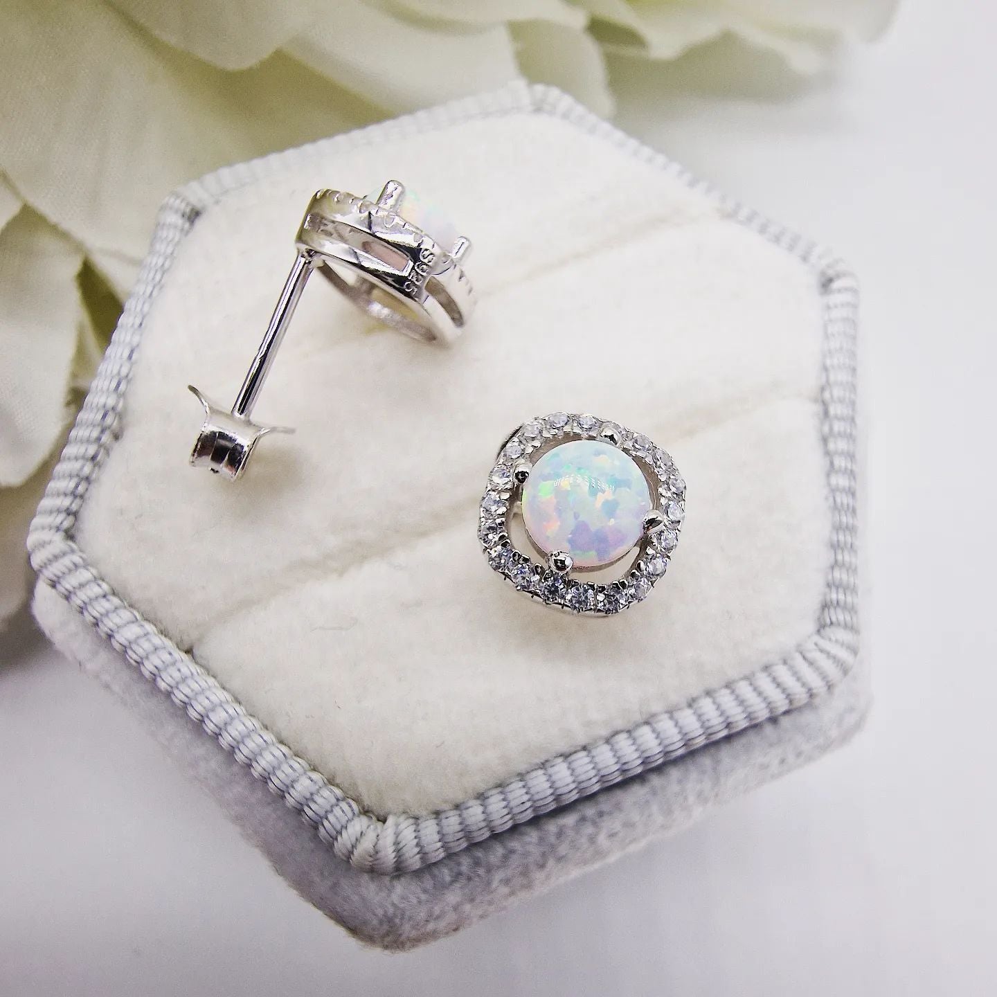 925 Sterling Silver Opal Cz Halo Stud Earrings