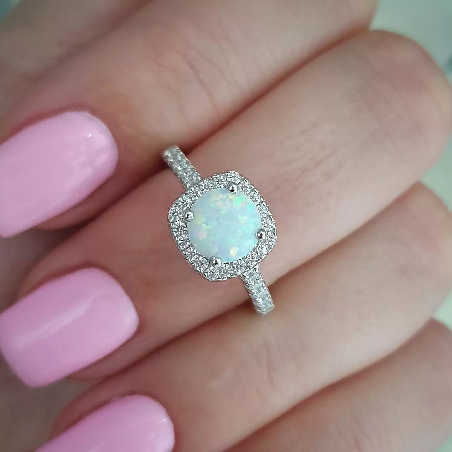 925 Sterling Silver Opal Cz Halo Ring