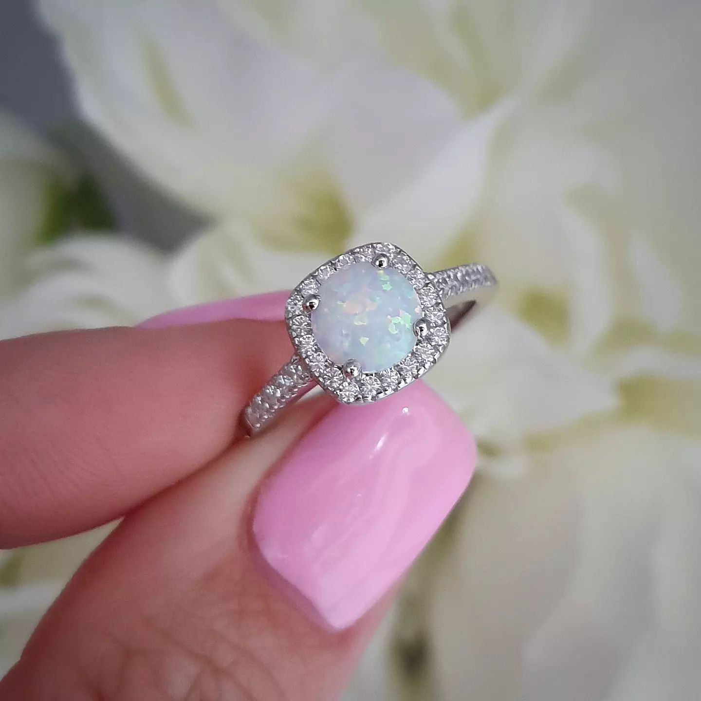 925 Sterling Silver Opal Cz Halo Ring