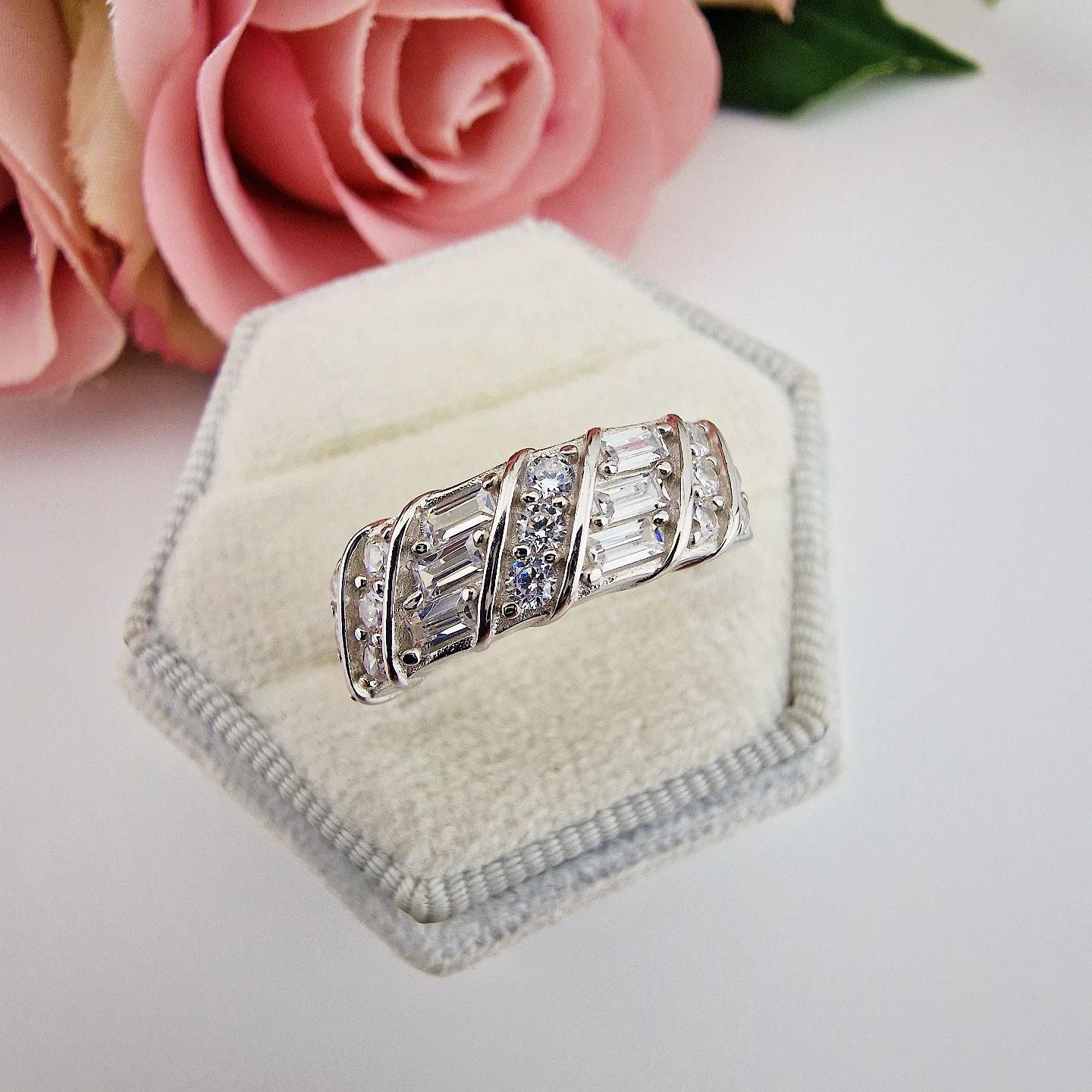 925 Sterling Silver Fancy Round & Baguette Cut Cz Eternity Ring