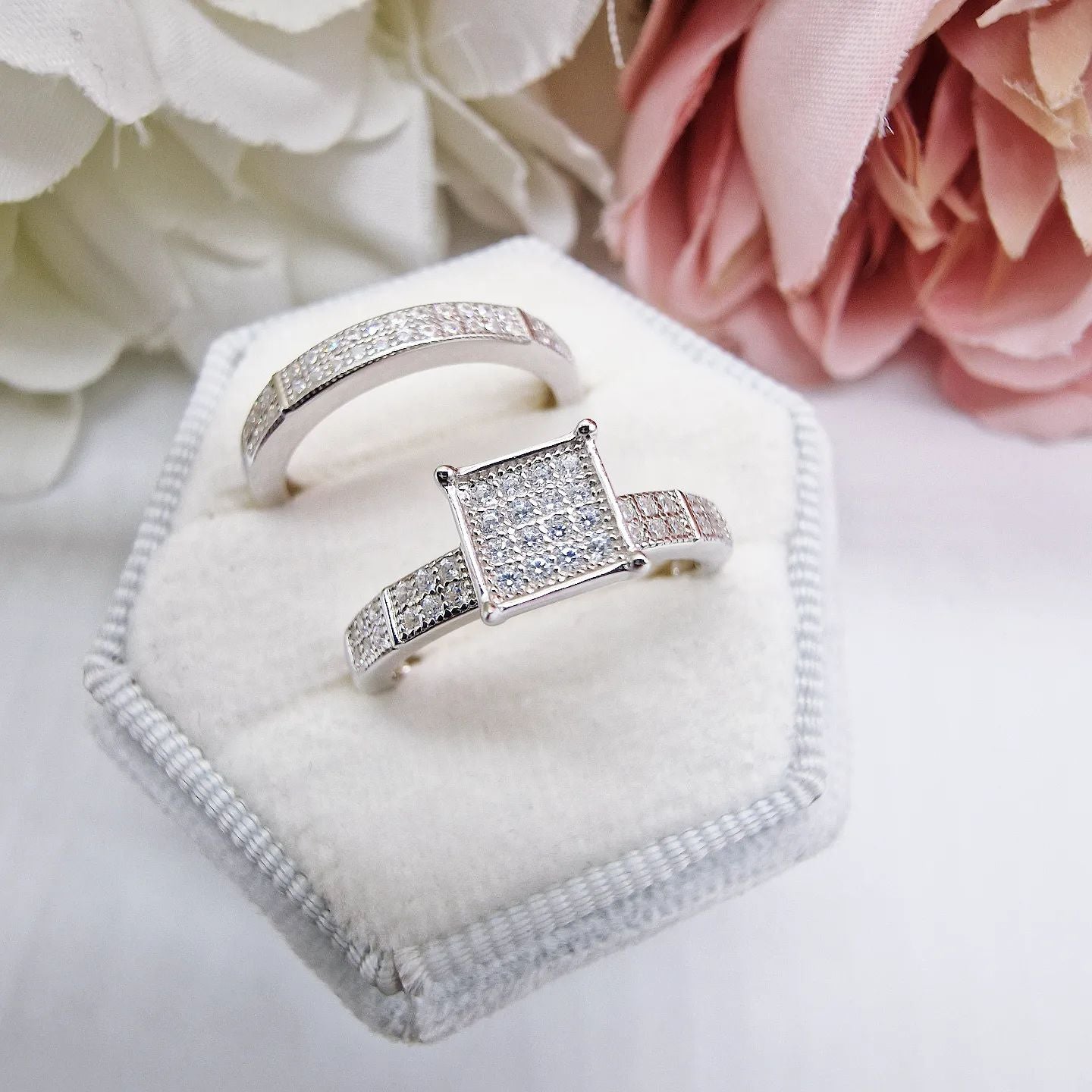 925 Sterling Silver Pave Ladies Ring Set