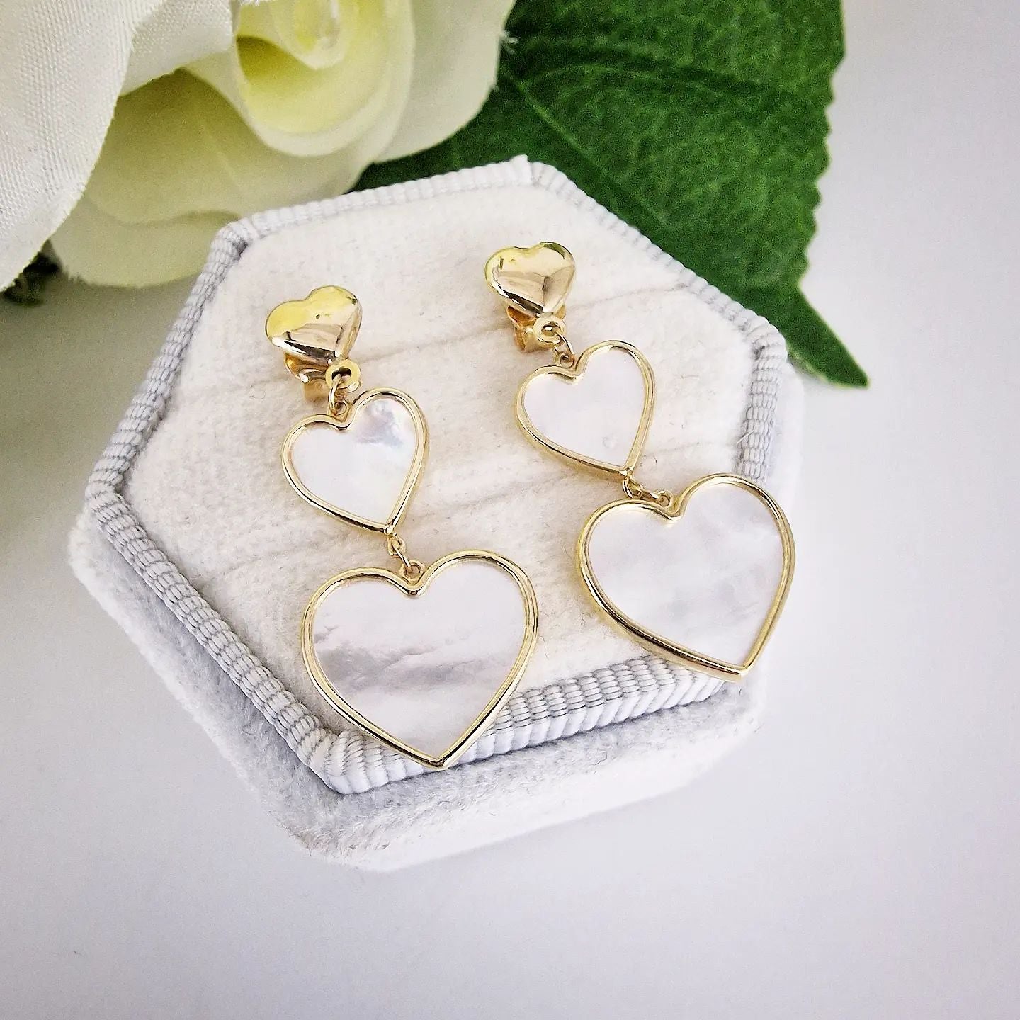 9ct Yellow Gold Mother of Pearl Hearts Drop Earrings