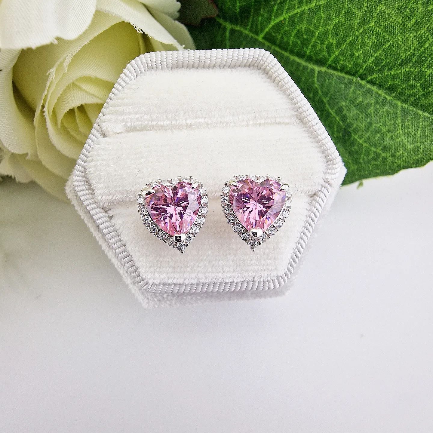 925 Sterling Silver Pink Cz Heart Halo Stud Earrings