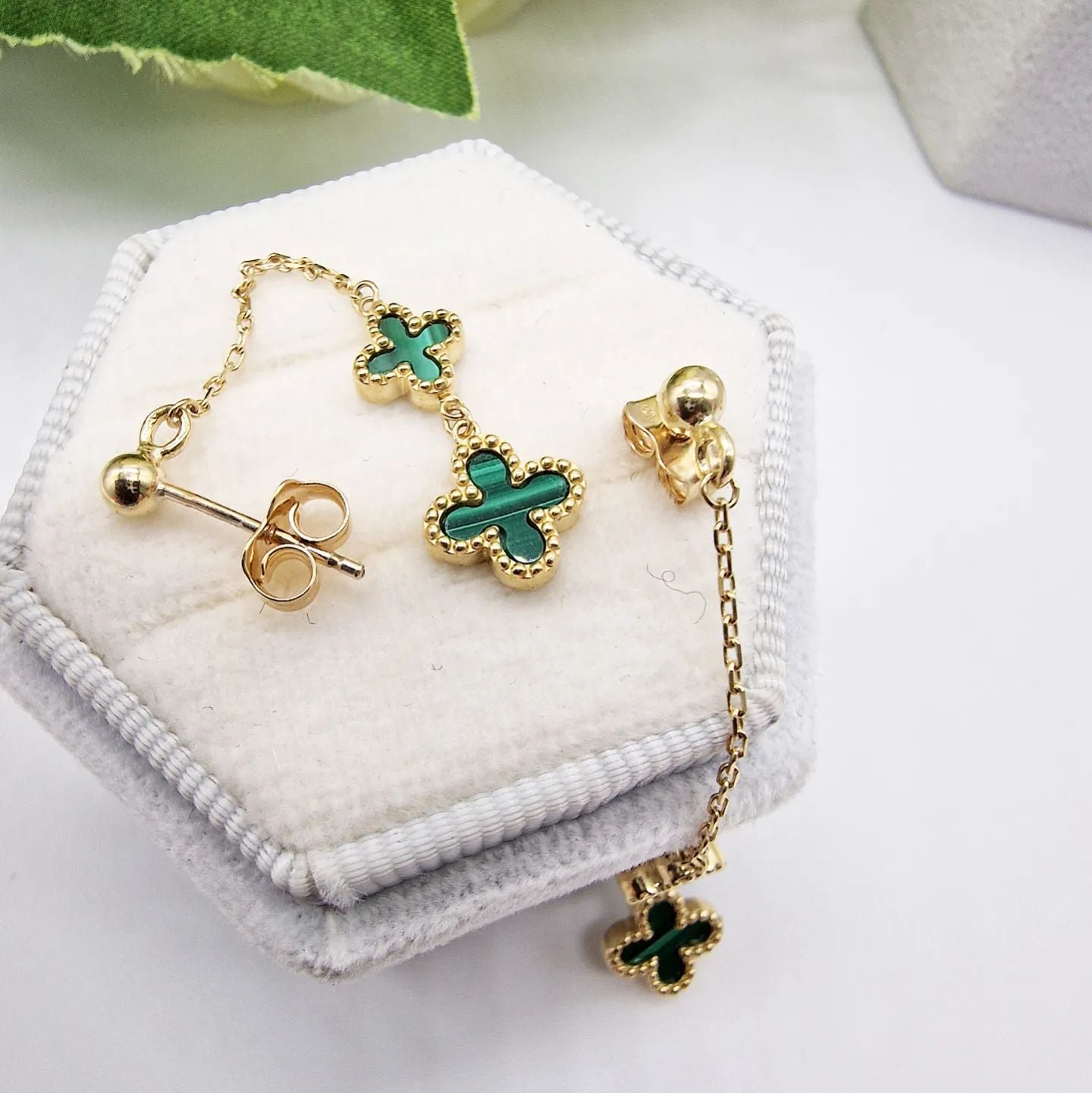 9ct Yellow Gold Malachite Four Clover Drop Earrings