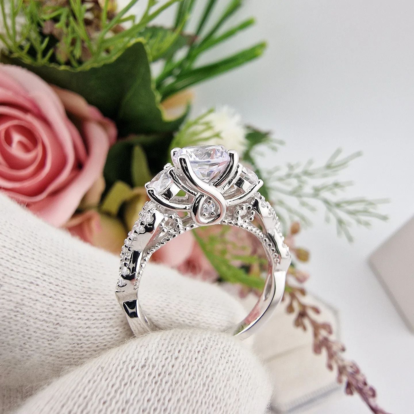 925 Sterling Silver Vintage Cz Trilogy Ring with Infinity Band