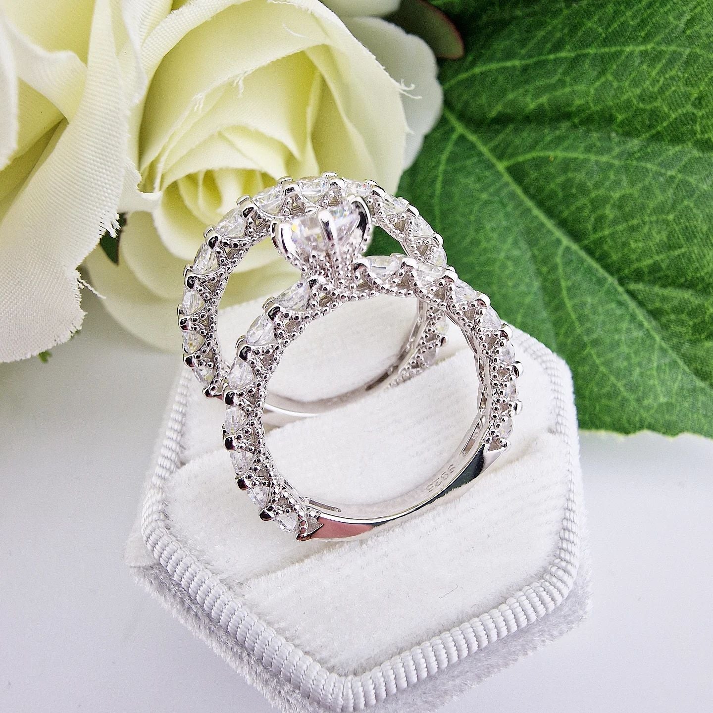 925 Sterling Silver Cz Vintage Style Ring Set