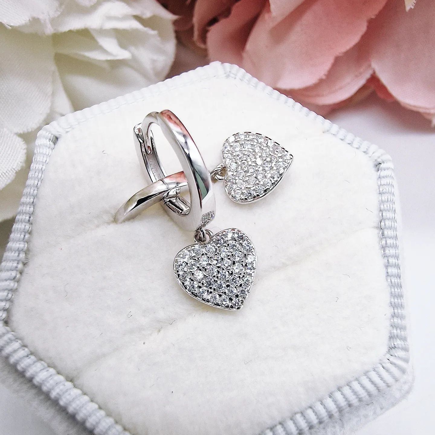 925 Sterling Silver Huggies With Cubic Zirconia Heart Drop Charm Earrings