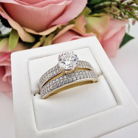 9ct Yellow Gold Pave Set Bands With Round Cut Centre Ring Set