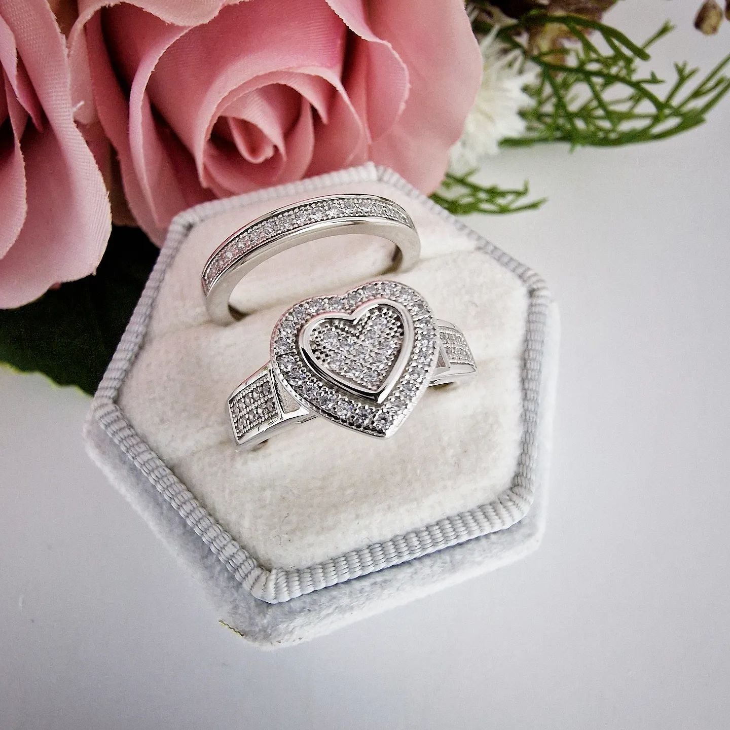 925 Sterling Silver Pave Set Cz Heart Ring & Eternity Band Set