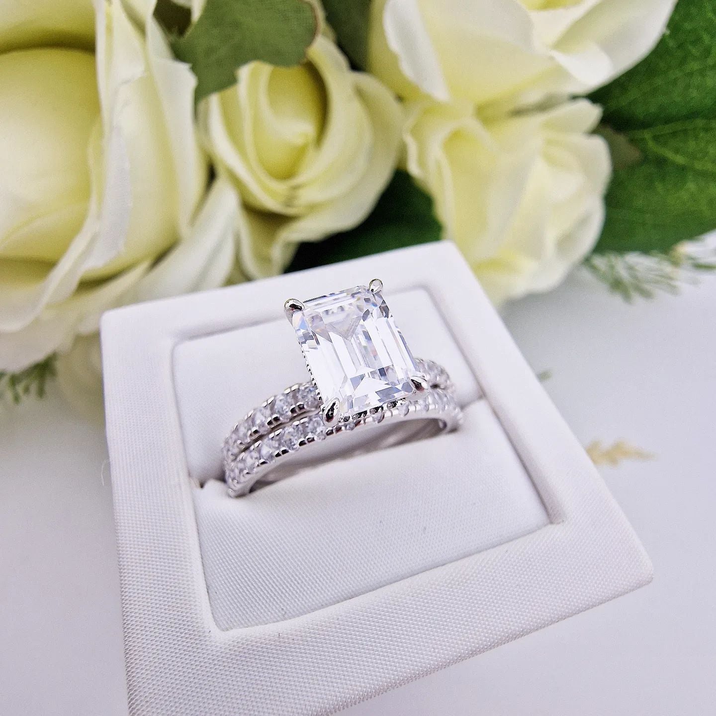 925 Sterling Silver Emerald Cut Cz Ladies Ring Set