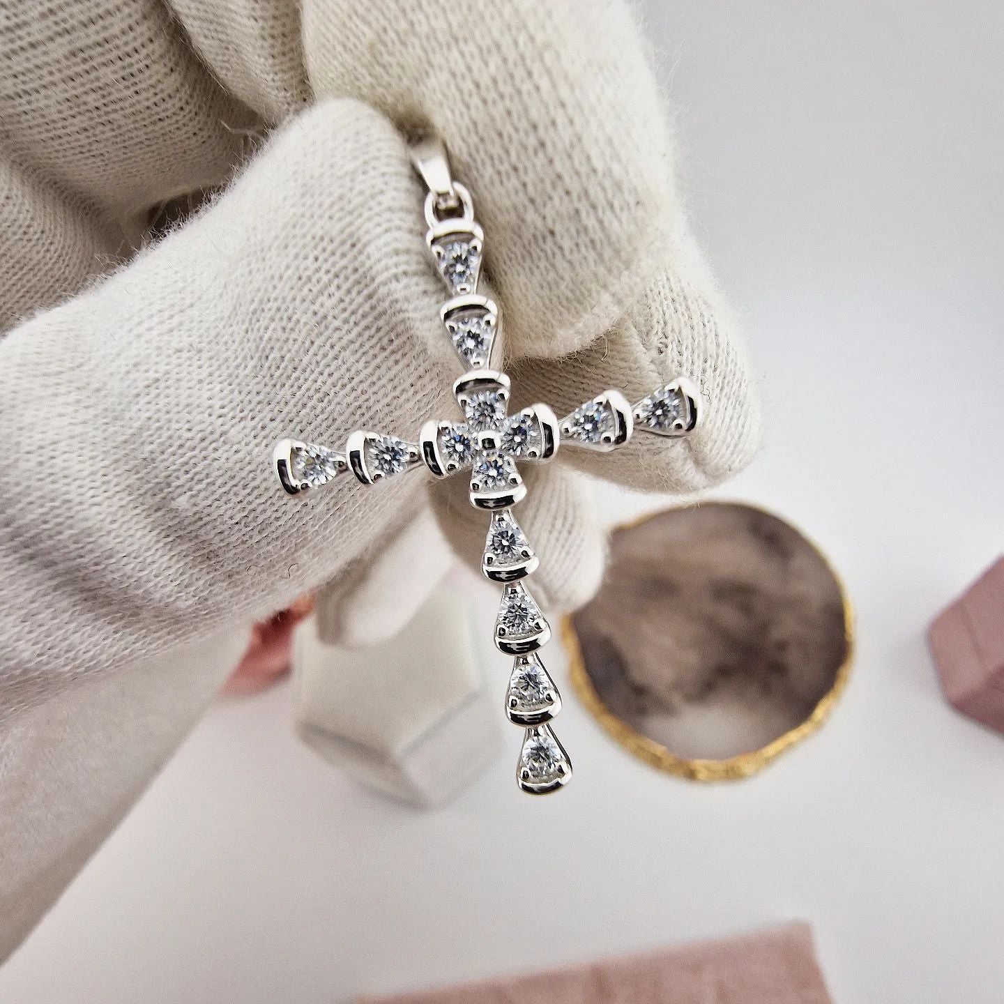 925 Sterling Silver Rubover Set Cubic Zirconia Cross Pendant with Chain