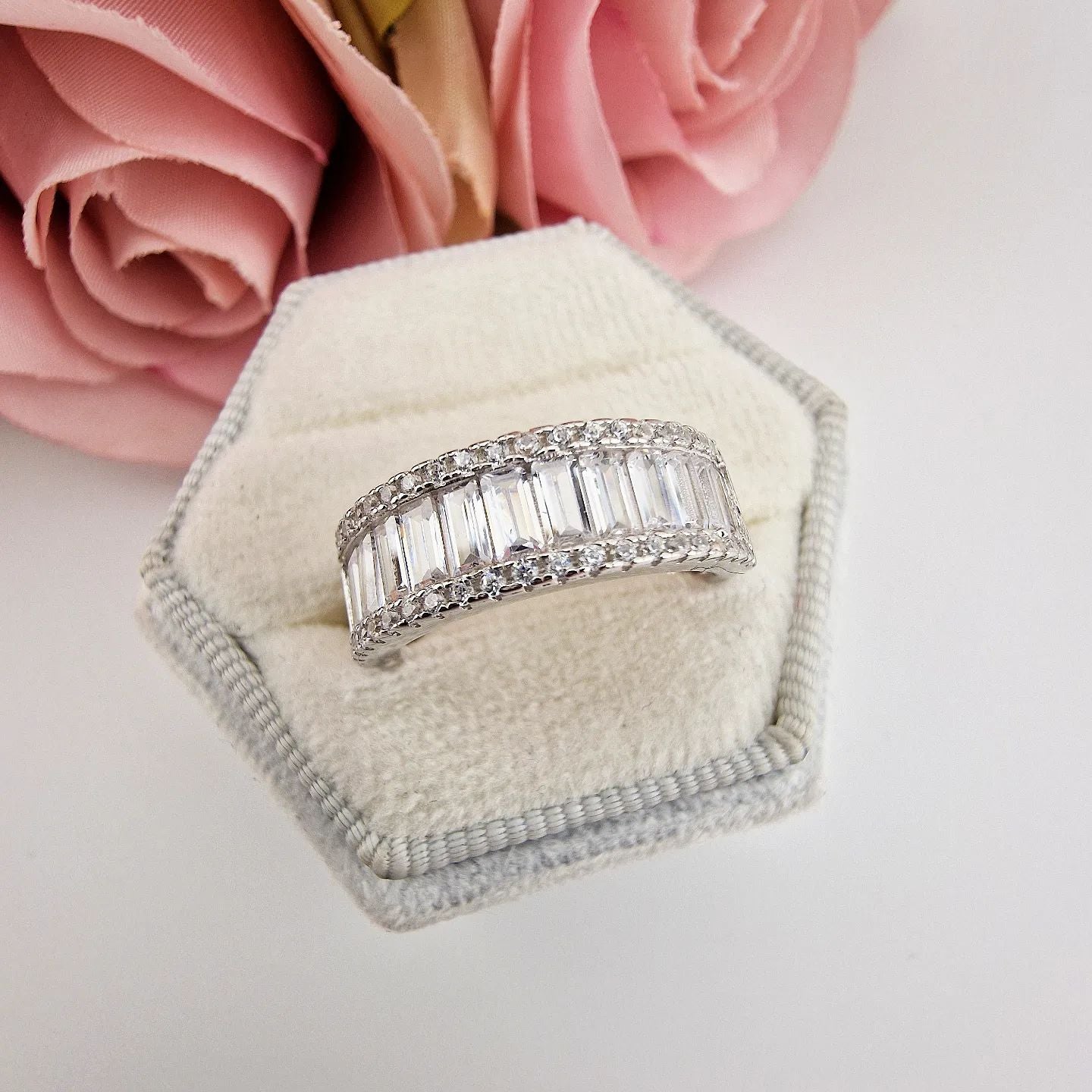 925 Sterling Silver Half ET Baguettes & Round CZ Ring